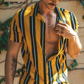 INCERUN 2021 Barbati Casual Camasa in Dungi cu Maneci Scurte Rândul său, în Jos Guler Streetwear Agrement Cămăși Hawaiiene Moda Vara Camisas