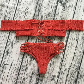 Femei Sexy bandaj solid Set de Bikini sex Feminin 2018 costume de Baie de pe umăr maneca scurta dantela plisata Brazilian Plaja Costume de Baie