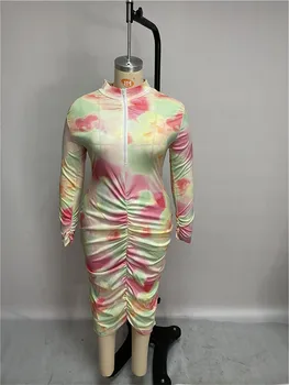 Adogirl XL-4XL Tie Dye Print Femei, Plus Dimensiune Rochie cu Fermoar V Gatului Maneca Lunga Ruched Midi Bodycon Rochii de Club Petrecere Vestidos