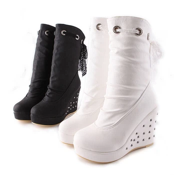 KARINLUNA 2019 Noi Doamnelor Pene Tocuri Solide Platfotm Pantofi Pentru Femei Casual de Iarna de la Jumătatea Vițel Cizme Negre de Dimensiuni Mari 34-43