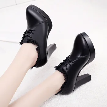 QianNML Femei din Piele Pantofi cu Tocuri 2021 Femei Primavara Mediu de Catifea Toc Cizme Dantela Marime Mare 41 42 43