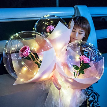Lumină LED, Balon Transparent cu Trandafir Buchet de Flori Luminoasă cu LED-uri Bobo Mingea