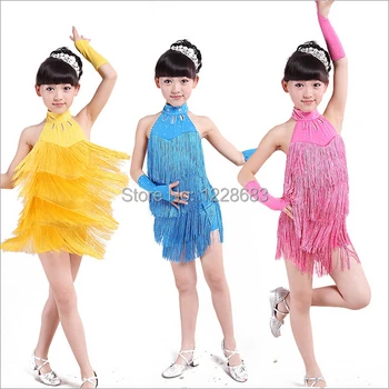 Noi 2020 Copii Copii Albastru Galben Roz Performanță Etapă De Concurs Franjuri Costume De Dans / Latină Franjuri Rochie Pentru Fete
