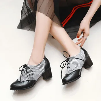 EAGSITY colegiul Britanic stil carouri pantofi oxford bloc toc dantelă-up subliniat toe casual pantofi pentru femei