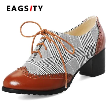 EAGSITY colegiul Britanic stil carouri pantofi oxford bloc toc dantelă-up subliniat toe casual pantofi pentru femei