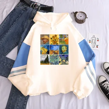 Noi Contrast Hoodie Van Gogh Pictura in Ulei Contrast hoodie Streetwear Topuri de Toamna/Iarna, Hanorace Bărbați Femei Negre cu Glugă Glugă