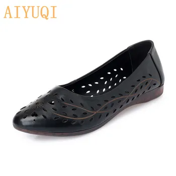 AIYUQI Femei Sandale Plate 2020 Primavara din Piele pentru Femei Balerini Pantofi Mocasini Mama Pantofi Fund Moale Respirabil Gaura Casual