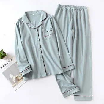 Bărbați Și Femei Complet Pijamale de Bumbac Set Iubitorii de Confort Culoare Solidă Homewear 2020 Primăvară Nouă Cupluri Guler de Turn-down Sleepwear