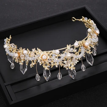 La Modă Perla Baroc Coloana De Cristal Regina Coroana De Aur Printesa Diadema De Nunta Nupțial Diadema Caciulita De Păr Bijuterii Accesorii