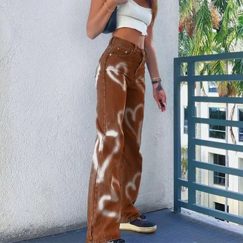2021 Casual Imprimat Inimii Drepte Blugi Slim Vintage Înaltă Talie Pantaloni De Moda Pentru Femei Pantaloni Din Denim Vaqueros Mujer Streetwear