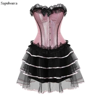 Sapubonva dantelă sexy corsete pentru femei plus dimensiune costume overbust burlesc corset si fusta set tutu corselet moda victoriană