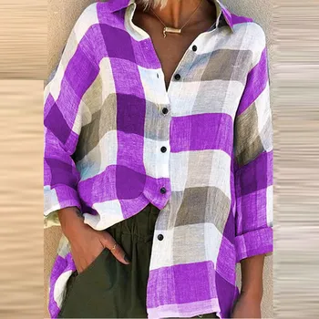 Femei tricou vintage Femei, plus dimensiune Moda Vrac Check plaid Print Bluza Cu Mâneci Lungi Topuri grote maten dames kleding