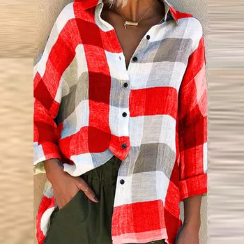 Femei tricou vintage Femei, plus dimensiune Moda Vrac Check plaid Print Bluza Cu Mâneci Lungi Topuri grote maten dames kleding