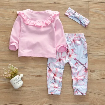 Drăguț Ori Zburli 3Pcs Copil Nou-născut Haine Fete Set cu Maneci Lungi T-shirt+Casual Flori Pantaloni+Bentita Infant Toddler Îmbrăcăminte
