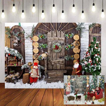 Mehofond Crăciun Fericit Fotografie Fundal De Zăpadă De Iarnă De Epocă Din Lemn, Uși Pom De Crăciun Fundal Photophone Studio Foto