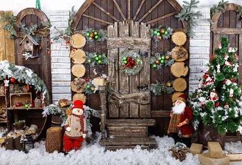 Mehofond Crăciun Fericit Fotografie Fundal De Zăpadă De Iarnă De Epocă Din Lemn, Uși Pom De Crăciun Fundal Photophone Studio Foto