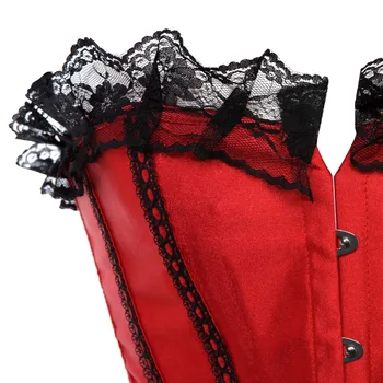 Roșu sexy dungă overbust corset si fusta mini de Crăciun Lenjerie și rochie de dantelă sus dezosată Brâu Bustiera