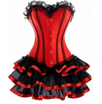 Roșu sexy dungă overbust corset si fusta mini de Crăciun Lenjerie și rochie de dantelă sus dezosată Brâu Bustiera