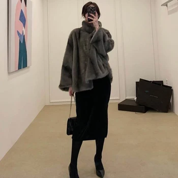 Coreean singură Bucată de Moda Sacou 2020 Iarna pentru Femei Îmbrăcăminte de Epocă Stand-Up Guler de Pluș Cald Gros Imitație de blană de Nurcă Blana Scurta