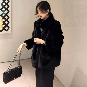 Coreean singură Bucată de Moda Sacou 2020 Iarna pentru Femei Îmbrăcăminte de Epocă Stand-Up Guler de Pluș Cald Gros Imitație de blană de Nurcă Blana Scurta
