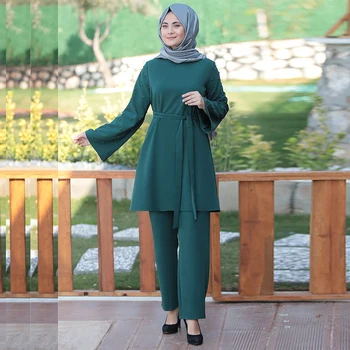 Siskakia Abaya Set Turcia, Dubai Musulman Margele De Moda 2 Bucata Set Pentru Femei Costume Solidă Maneca Lunga Topuri Cu Pantaloni Lungi 2020 Nou