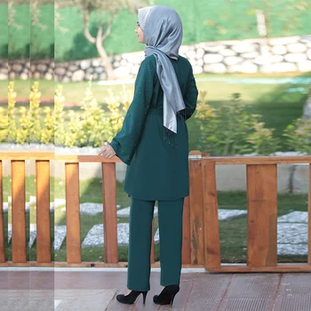 Siskakia Abaya Set Turcia, Dubai Musulman Margele De Moda 2 Bucata Set Pentru Femei Costume Solidă Maneca Lunga Topuri Cu Pantaloni Lungi 2020 Nou