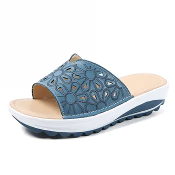 Tilocow Piele Naturala Papuci Femei Pene Platforma Sandale Casual În Aer Liber Pantofi Moi Femeie De Vară 2020 Doamnelor Papuci De Plaja