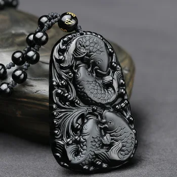 Pește Naturale Obsidian Negru Colier Pandantiv Jad Chinezesc Sculptat manual Crap Bine Farmec Bijuterii Amuleta Accesorii pentru Barbati Femei