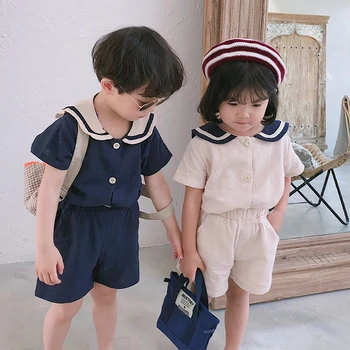 Vară Stil coreean grupa de Copii Guler Marinar Bumbac Lenjerie de pat Seturi de Haine pentru Băieți și Fete Tricou+pantaloni Scurți 2 buc Copil Haine Băiat Copil de Îmbrăcăminte