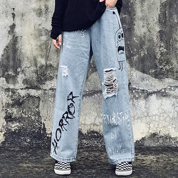 Harajuku Graffiti Print Blugi Largi Picior Barbati Femei Albastru se Spală Blugi Gaura Pantaloni pentru Bărbați Hip Hop Vrac Pantaloni din Denim 2019