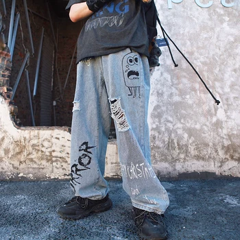 Harajuku Graffiti Print Blugi Largi Picior Barbati Femei Albastru se Spală Blugi Gaura Pantaloni pentru Bărbați Hip Hop Vrac Pantaloni din Denim 2019