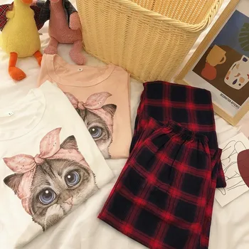 Pijama Seturi pentru Femei Scrisoarea Imprimate Carouri-jos Mâneci Scurte BF Stil coreean Liber de Vară Sleepwear Două Bucăți Negre de Răcire