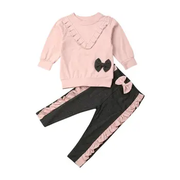 2019 Noi de Toamna pentru Sugari Copii Fetita cu Maneci Lungi Bowknot Pulover Topuri cu Volane Lungi Pantaloni Legging 2 BUC Tinutele Vestimentare Set