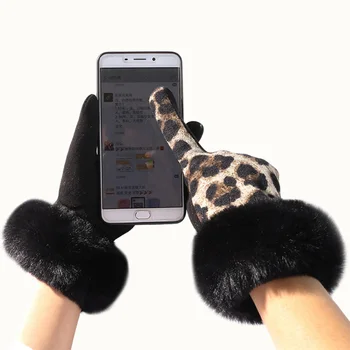 Feminine Touch Screen Model Leopard De Schi Mănuși De Iarnă Pentru Femei Cald Cașmir Deget Plin Cu Imitație De Blană De Iepure Mansete Mănuși D69