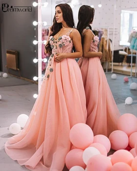Fermecător Roz Rochii de Seara 2020 a-Line Sweetheart ștrasuri din Mărgele Flori Dubai arabă vestidos de fiesta de noche Rochie de Bal Lung