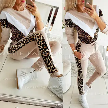 2 buc Femei Toamna Leopard Print cu Maneci Lungi Negru Casual Sport Trening, Hanorace Hanorac Pantaloni Set Doamnelor Sport Casual Costum