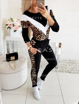 2 buc Femei Toamna Leopard Print cu Maneci Lungi Negru Casual Sport Trening, Hanorace Hanorac Pantaloni Set Doamnelor Sport Casual Costum