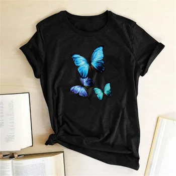 Albastru Fluture Monarh Tipărite Femei T-shirt Bumbac Harajuku Liber Tricou Femei Casual Streetwear O-Gât Topuri Haine
