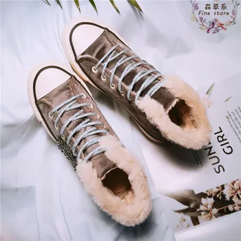 Grele Chaopai high-top cu talpi groase pantofi de panza 2019 nou paiete margele decorative plus catifea street casual pantofi
