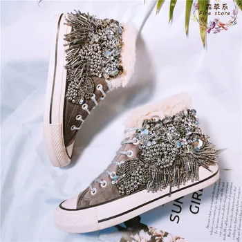 Grele Chaopai high-top cu talpi groase pantofi de panza 2019 nou paiete margele decorative plus catifea street casual pantofi