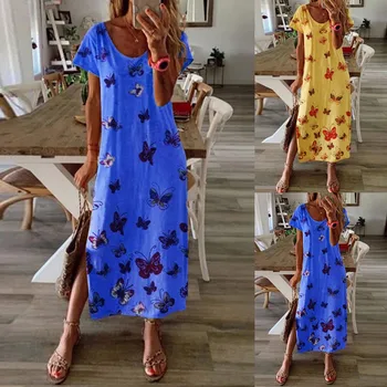 New sosire Femei rochie de moda Fluture de imprimare Plaja Pulover Maxi Boho Sundress Doamnelor Lung Liber Alunecare Rochii vestido