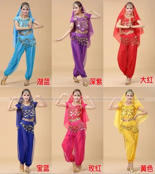 Femei Sexy Preț Ieftin Bollywood Bellydance Costum Oriental Belly Dance Costume Set De Vanzare 4 Bucati De Top, Pantaloni Voal Eșarfă