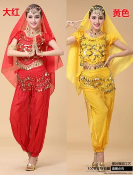 Femei Sexy Preț Ieftin Bollywood Bellydance Costum Oriental Belly Dance Costume Set De Vanzare 4 Bucati De Top, Pantaloni Voal Eșarfă