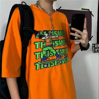 Cu mânecă scurtă T-shirt pentru bărbați și femei de vara coreean Harajuku hip hop desene graffiti scrisoare de imprimare vrac student cuplu de sus