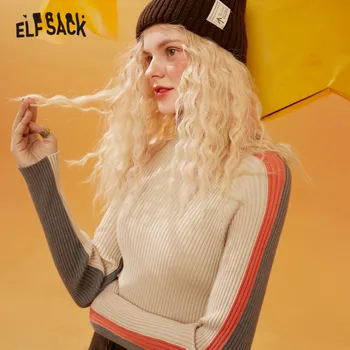 ELFSACK cu Dungi Negre Mock Neck Casual Femei Tricot Pulover Pulovere,2020 Iarna ELF Complet Maneca,de sex Feminin Bază de zi cu Zi SlimTop