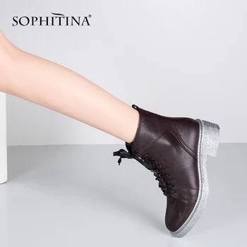 SOPHITINA de Înaltă Calitate Femeie Glezna Cizme de Primăvară Curea Retro Rotund Toe Tocuri Joase Cizme Unic din Piele Pantofi Elegant M18
