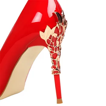 BIGTREE Pompe de Femei din Metal Sculptat Toc Înalt Pantofi de Partid Roșu Nunta Superficial Pantofi de Piele de Brevet Sexy si Damele de Birou, Pantofi Femei