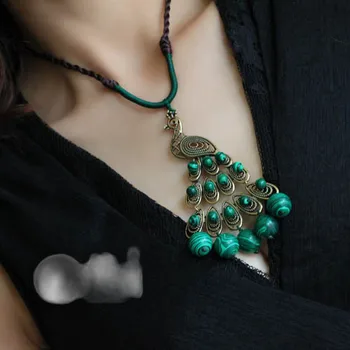 Pur Handmade Bijuterii Exotice Verde Păun Piatră lung colier boem ,Noi Etnice naționale de epocă statementnecklace