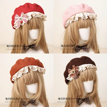 Mori Fată Japoneză Manopera Dantelă Asieta Beretă De Lână Pictor Pălărie Frumoasă Lolita Bowknot Toamna Iarna Vintage Clatita Capac Cadou De Crăciun