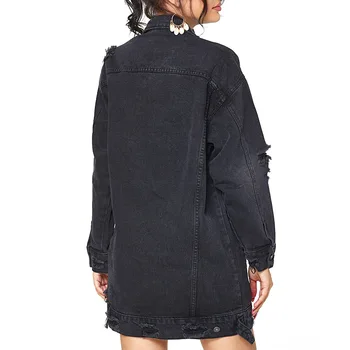 Femei Negru Denim Jachete Supradimensionate Gaură Ciucuri Blugi Geaca Palton Femei Casual Vintage Din Bumbac Haină Lungă Femei Jachete